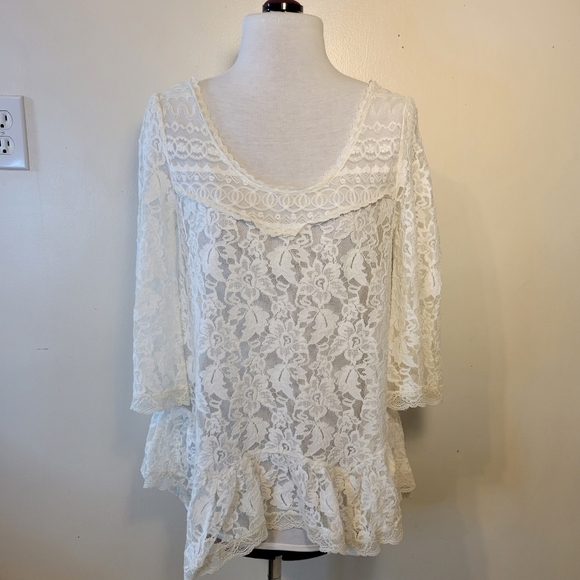 Free People (Women’s Small) Ivory Sheer Lace 3/4 Length Sleeve Baby Doll Blouse - Picture 1 of 8